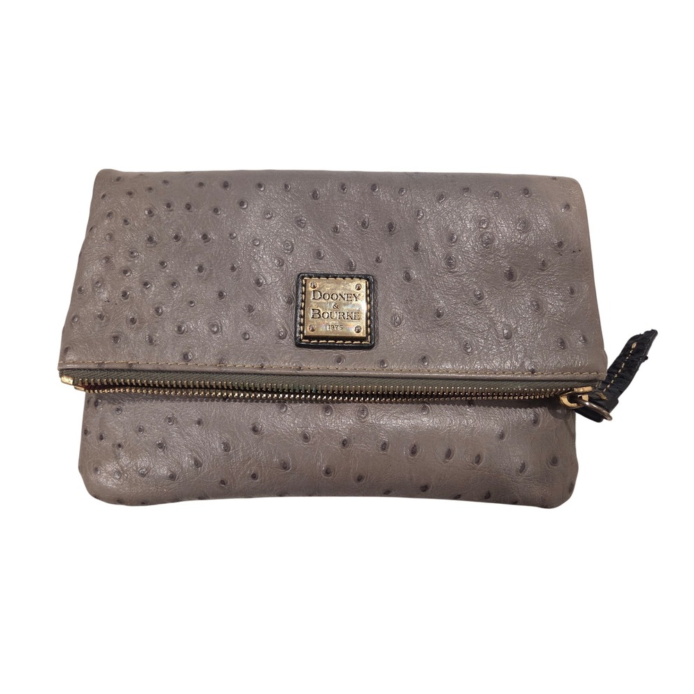 Dooney & Bourke Clutch Ostrich Embossed Leather Foldover Taupe Grey Neutral